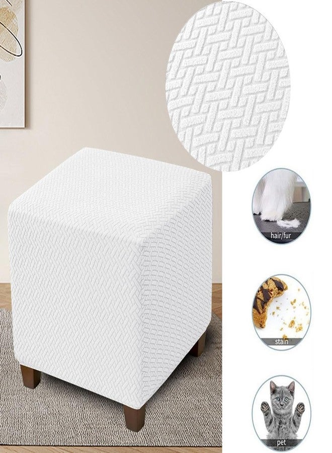 Lussenwert Ottoman Cover Square Stretch Knitted Jacquard Square Ottoman Cover Square Storage Ottoman Cover Thick Ottoman Slipcover Foot Stool Cover with Elastic Bottom Small White - Image 4